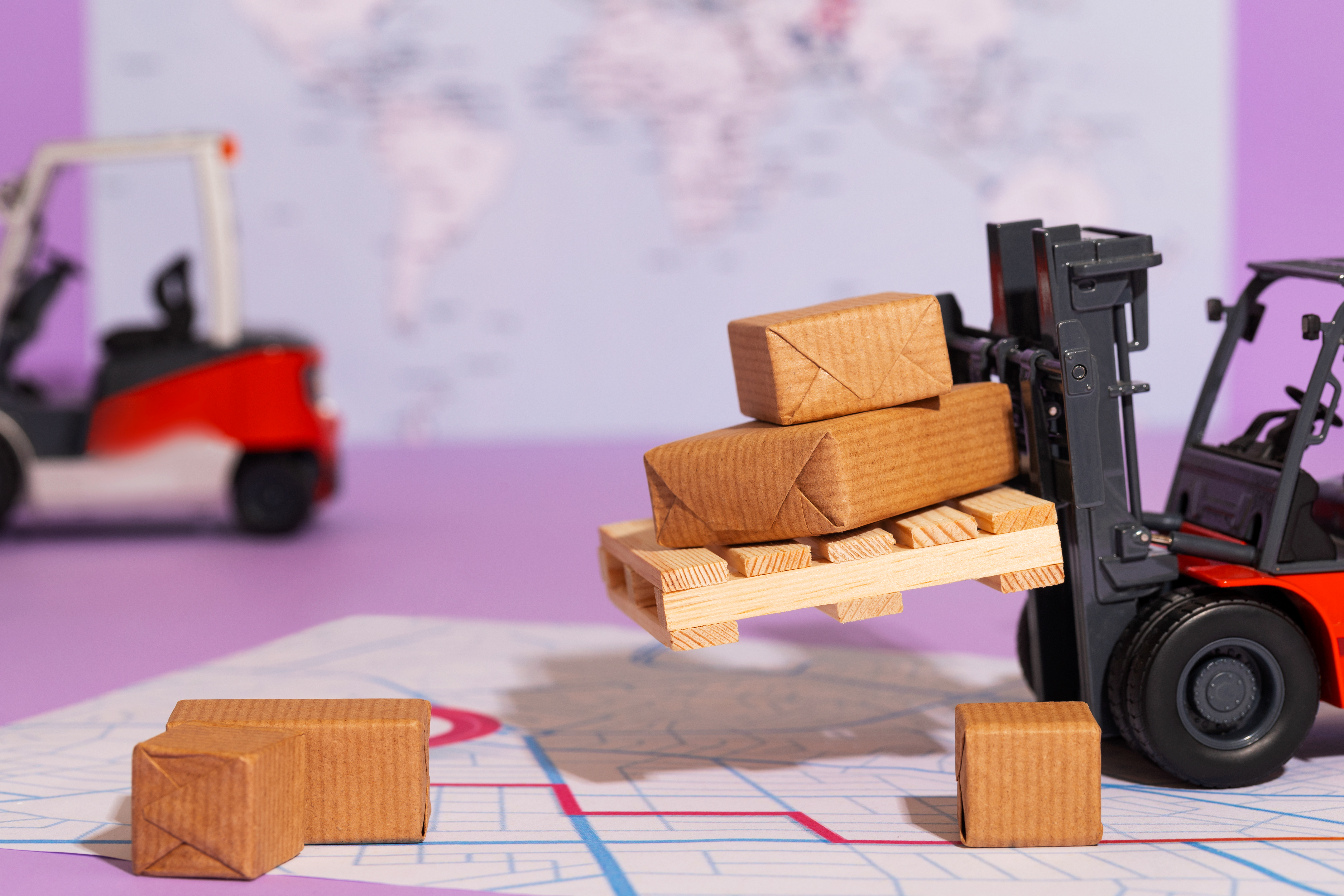  A Forklift Truck Transports Boxes Across A Detailed Map, Illustrating Logistics And Distribution In A Dynamic Environment.
