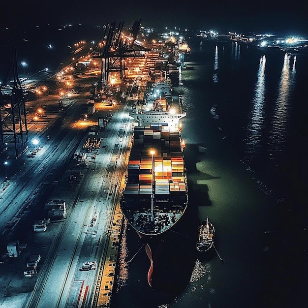  Nighttime Aerial Perspective Of A Port, Featuring Illuminated Vessels And Vibrant City Lights Against A Dark Sky.
