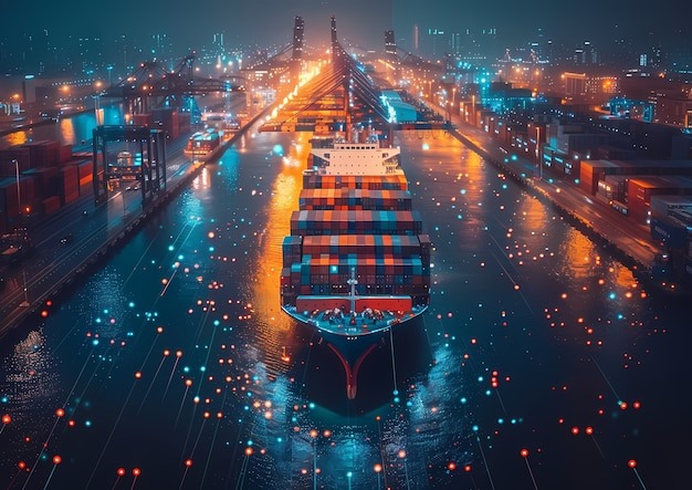  A Cargo Ship Is Illuminated At Night, Docked In A Busy Port, Surrounded By Twinkling Lights And Calm Waters.

