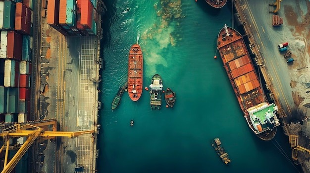 Overhead Perspective Of A Busy Harbor, Featuring Numerous Cargo Ships Docked And Ready For Loading And Unloading Operations.